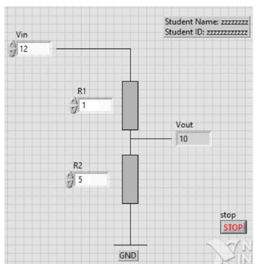 Completed LabVIEW voltage-divider front panel with Vin, R1, R2, Vout, Stop, student name, and student ID