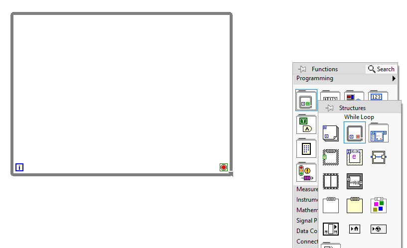 LabVIEW block diagram showing an empty While Loop and the Functions palette path to the While Loop structure