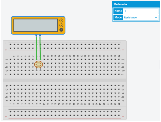 Tinkercad photoresistor with multimeter resistance setup