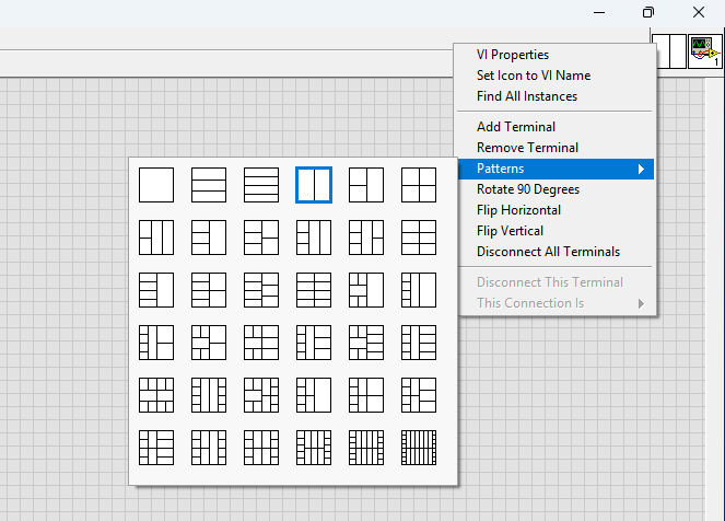 LabVIEW connector pane Patterns menu with a two-terminal pattern selected