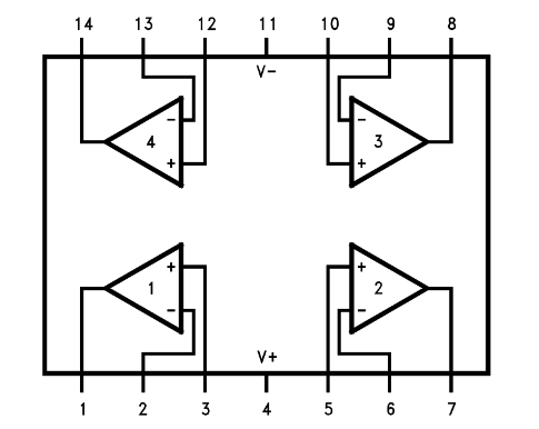 LMC6484 op-amp pinout diagram showing four op-amps and pin numbers.