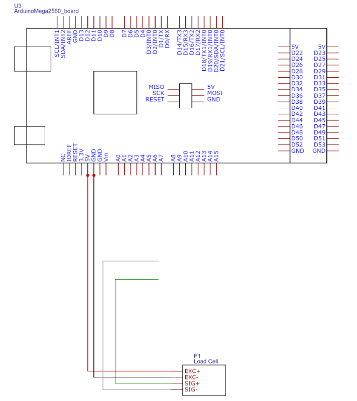 Initial load-cell circuit connected to Arduino 5 volts and ground.