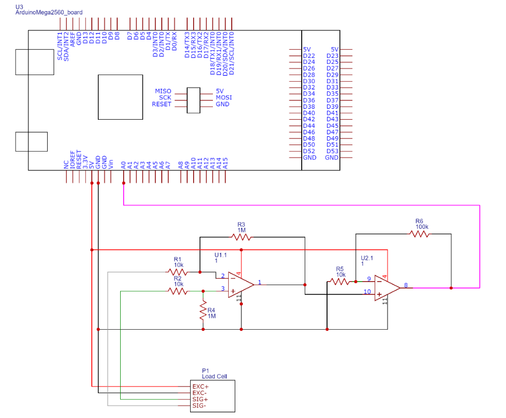 Complete two-stage LMC6484 amplifier circuit connected to Arduino analog input.