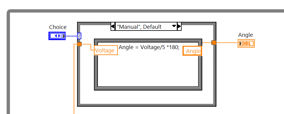 LabVIEW Manual Case Structure selected by the Choice Enum, converting Voltage to Angle and sending the result to the Angle indicator