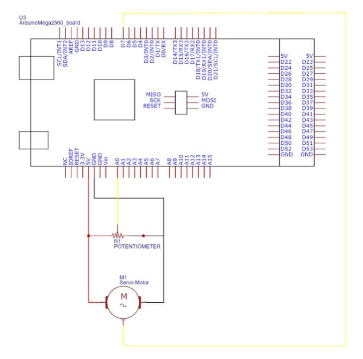 Schematic showing Arduino Mega connected to a potentiometer and servo motor.