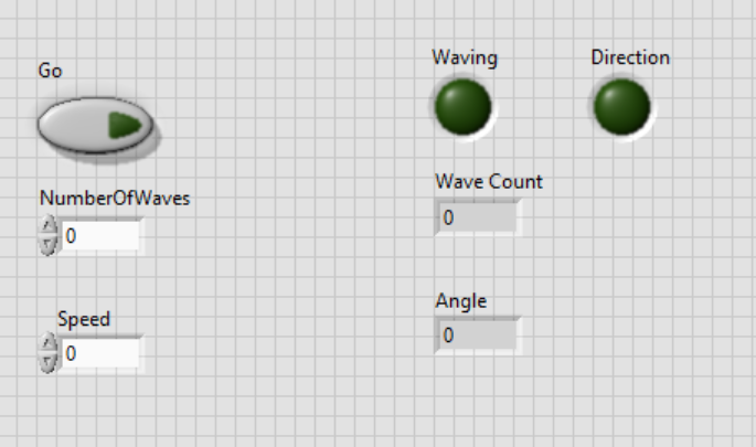 SubVI front panel with Go, NumberOfWaves, Speed, Waving, Direction, Wave Count, and Angle.
