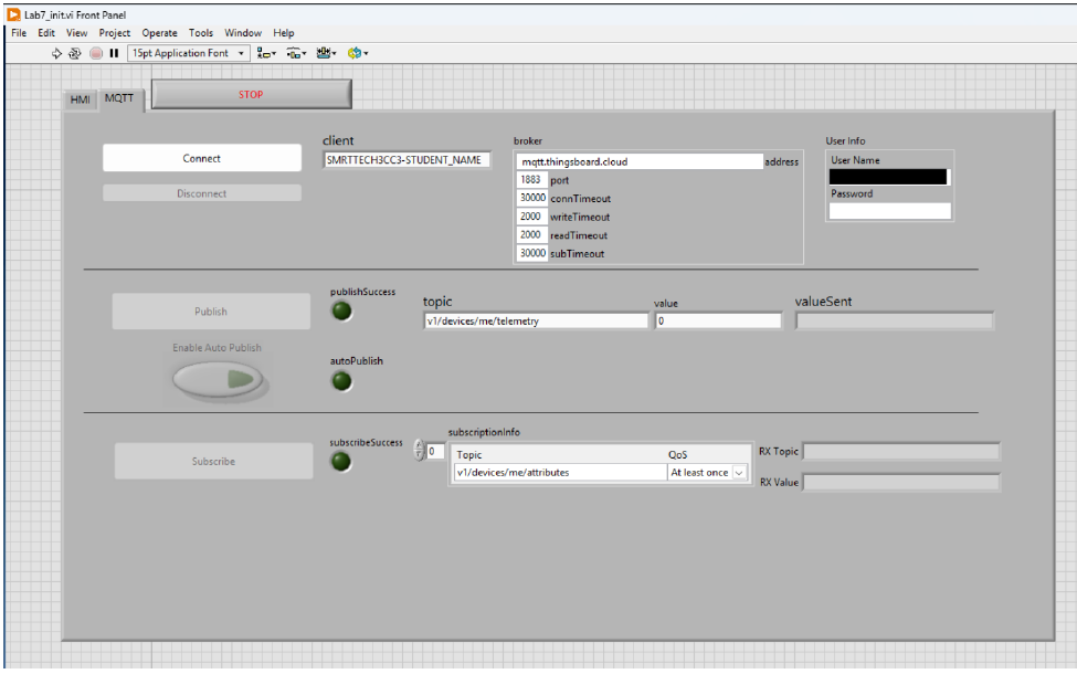 LabVIEW MQTT tab showing the broker, port 1883, unique client ID, telemetry topic, attribute subscription, QoS, and a redacted user name.