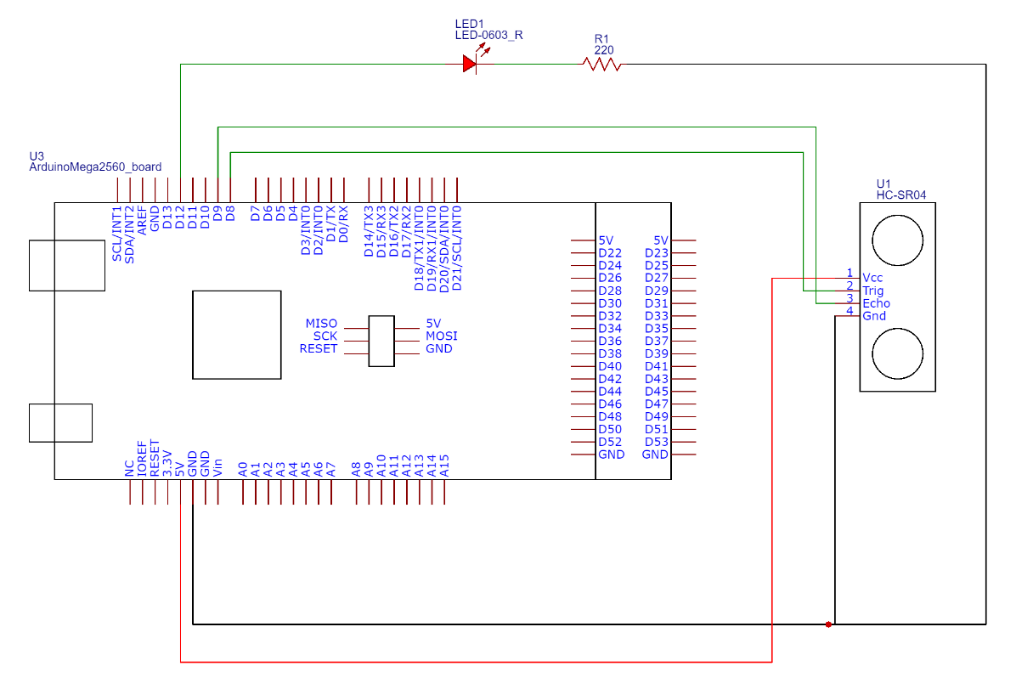 Schematic showing an Arduino Mega, HC-SR04 ultrasonic sensor, and LED with resistor.