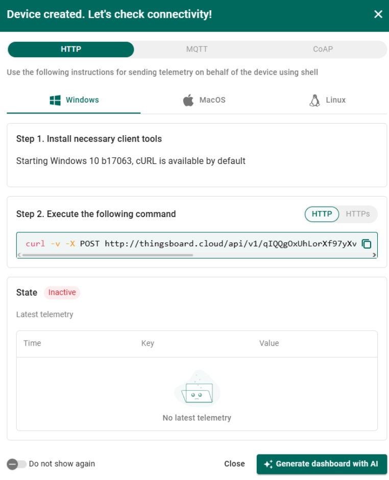 ThingsBoard Device created connectivity prompt with a Close button and shell command instructions.