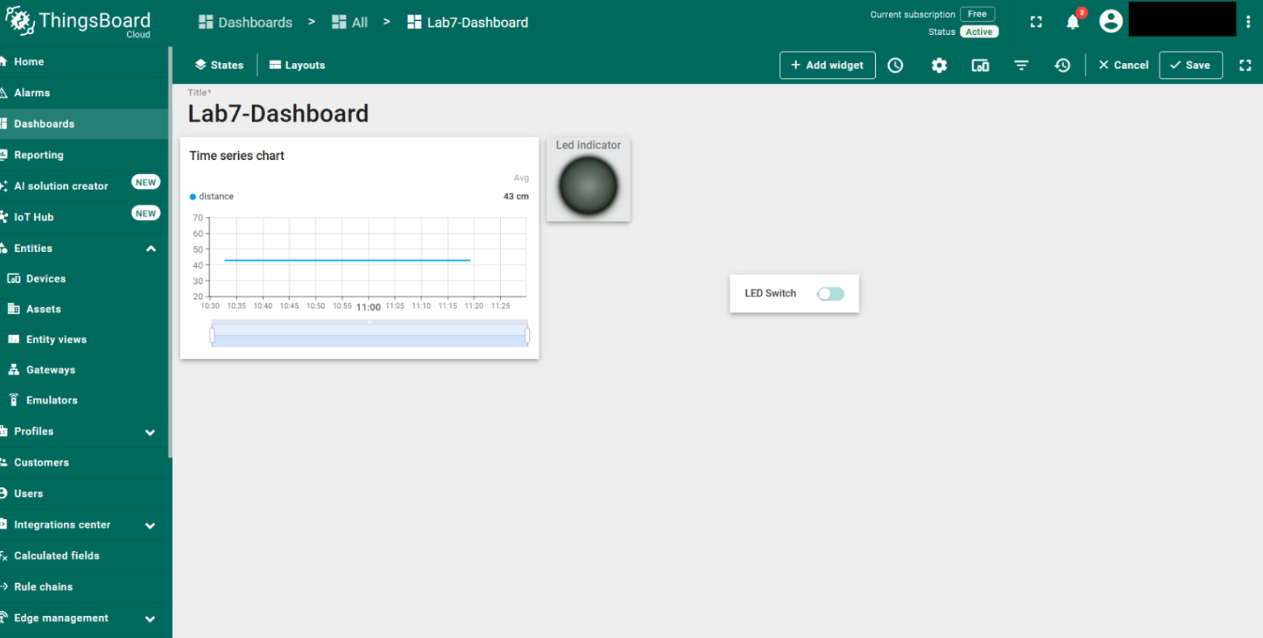 Completed Lab 7 ThingsBoard dashboard with a distance time-series chart, LED indicator, and LED switch.