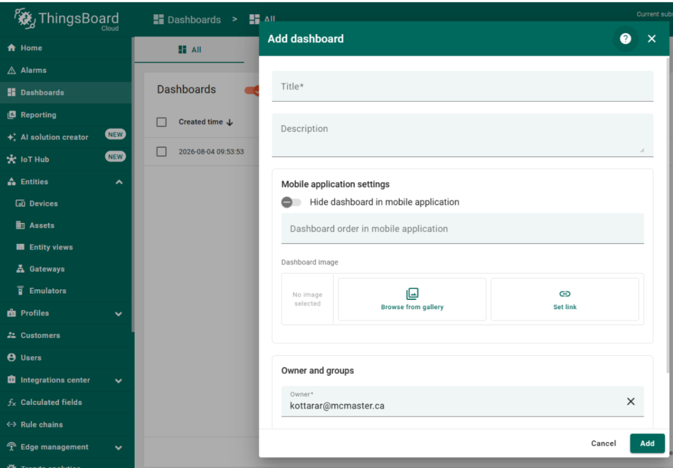 ThingsBoard Add dashboard dialog opened from the Dashboards page.