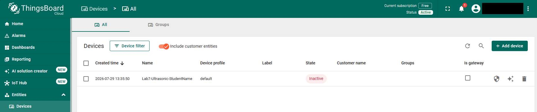ThingsBoard Entities Devices page showing the Lab7-Ultrasonic-StudentName device in the device list