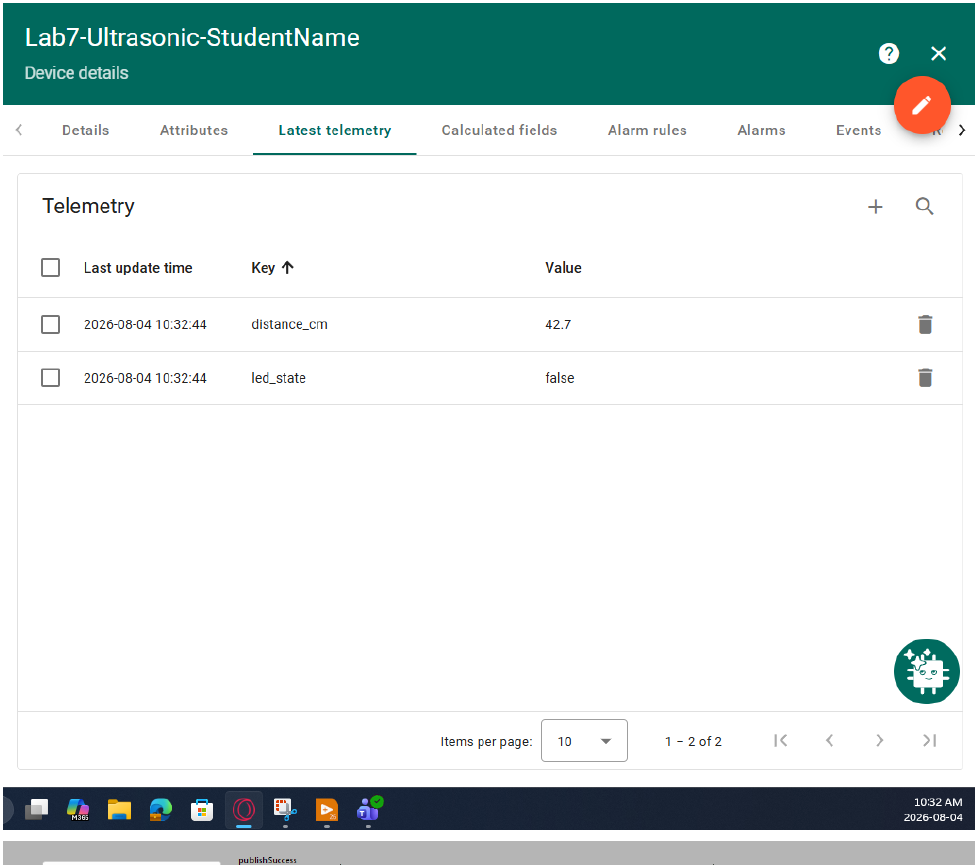 ThingsBoard Latest telemetry tab for Lab7-Ultrasonic-StudentName showing distance_cm and led_state values, with LabVIEW publish controls below.