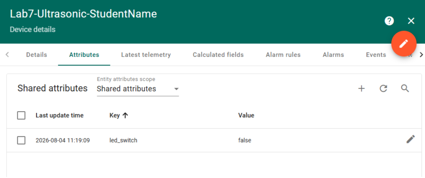 ThingsBoard Shared attributes tab showing the Boolean led_switch attribute.