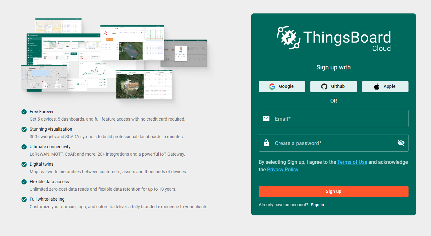 ThingsBoard Cloud account registration page with sign-up providers, email field, password field, and Sign up button