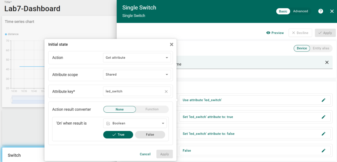 ThingsBoard Single Switch configuration showing the led_switch shared attribute for initial state and true or false actions.