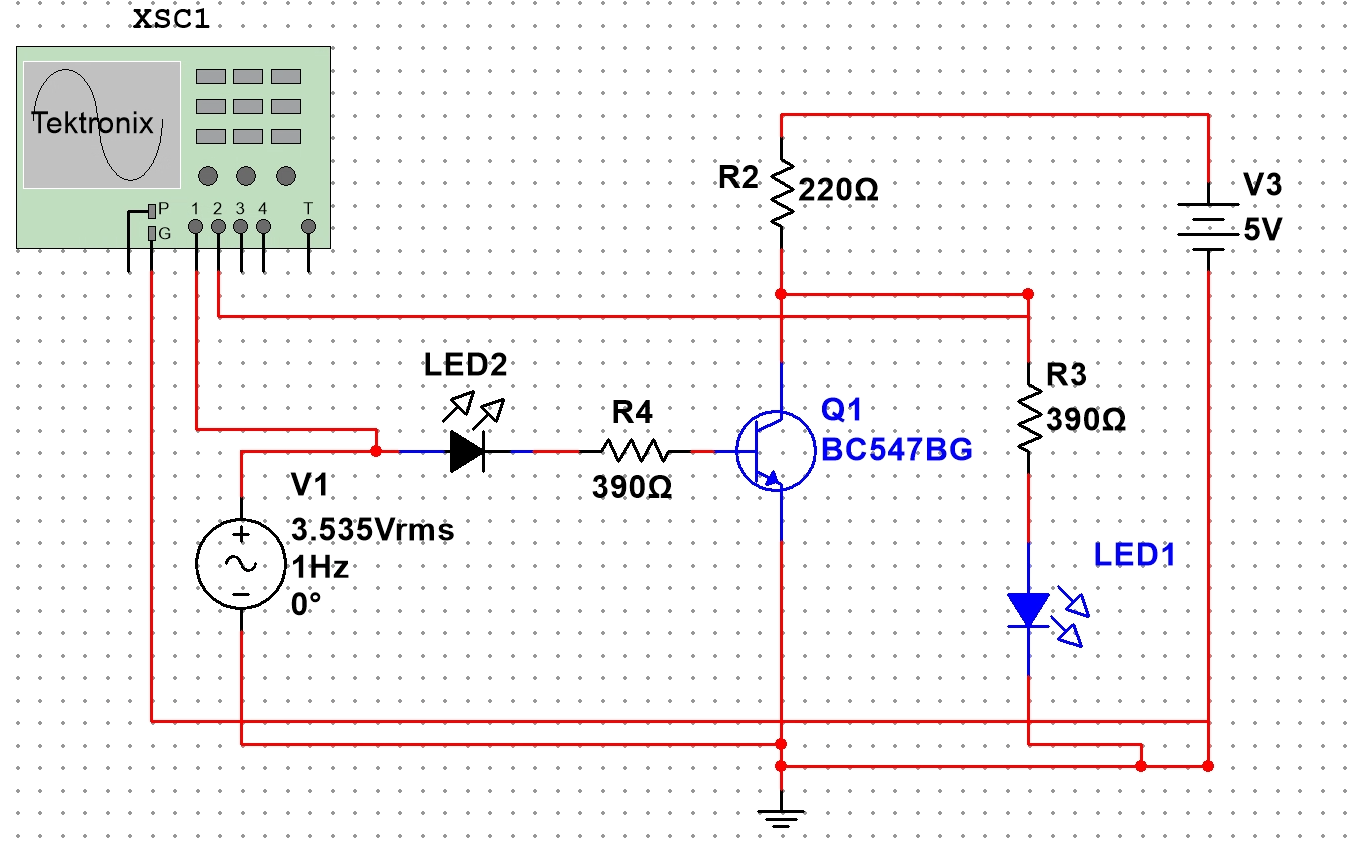 LED transistor switching circuit with a 5 volt supply, BC547 transistor, LEDs, 220 ohm collector resistor, and 330 ohm resistors