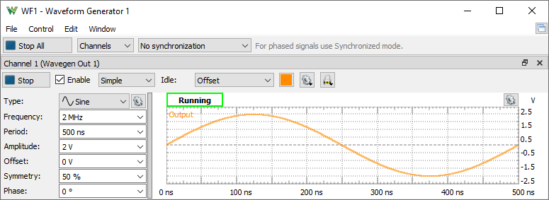 WaveForms Wavegen simple sine configuration