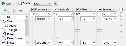 WaveForms Wavegen basic configuration controls