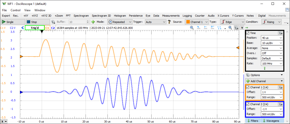 WaveForms Scope showing two channels