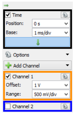 WaveForms time base and channel range controls