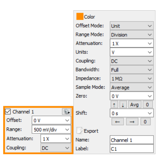 WaveForms Scope channel properties panel