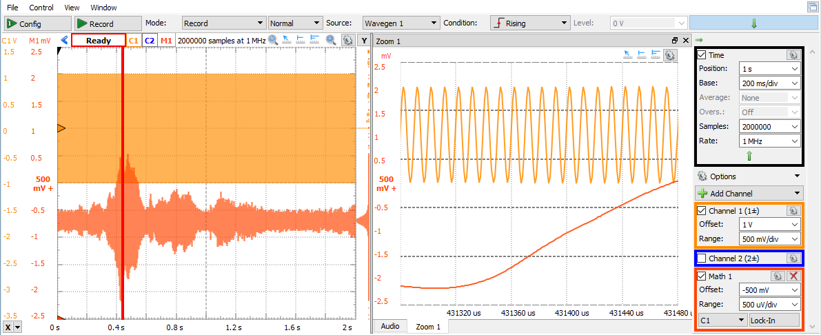 WaveForms Scope record mode and zoom view
