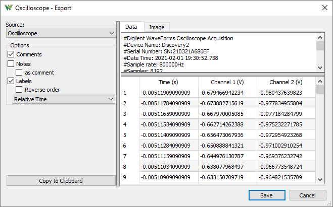 WaveForms data export dialog with channel columns
