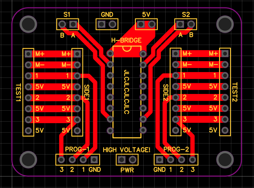 Top copper view of the elevator interface PCB with red traces and labelled connectors