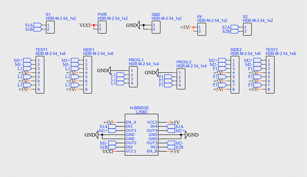 Elevator interface schematic showing S1 and S2 sensor connectors, power and ground headers, SIDE and TEST connectors, PROG headers, and an L298D-labelled H-bridge footprint